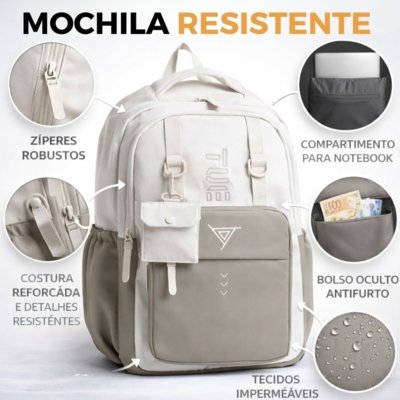 Mochila Masculina Grande Executiva Escolar Reforçada para Notebook Bege