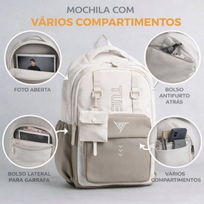 Mochila Masculina Grande Executiva Escolar Reforçada para Notebook Bege