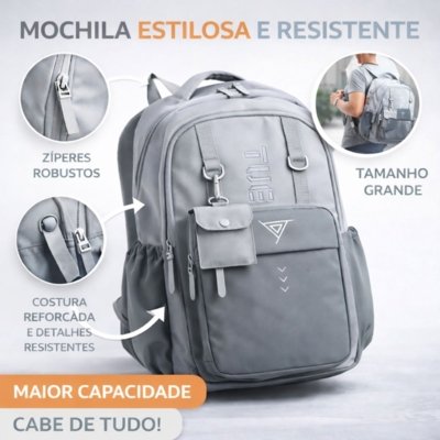 Mochila Masculina Grande Executiva Escolar Reforçada para Notebook Cinza
