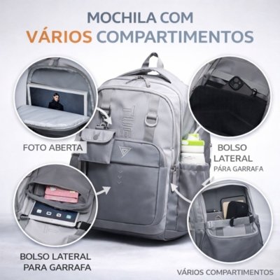 Mochila Masculina Grande Executiva Escolar Reforçada para Notebook Cinza