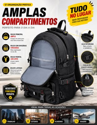 Mochila Masculina Tatica Militar Reforçada Escolar Notebook Trilha Luísa Rinaldi Preto