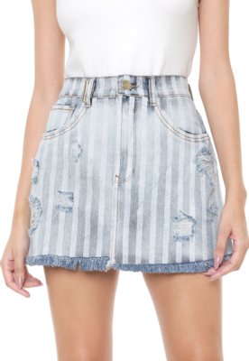 Saia Jeans Lança Perfume Curta Listras Azul Menor preço em Saia Jeans Lança Perfume Curta Listras Azul