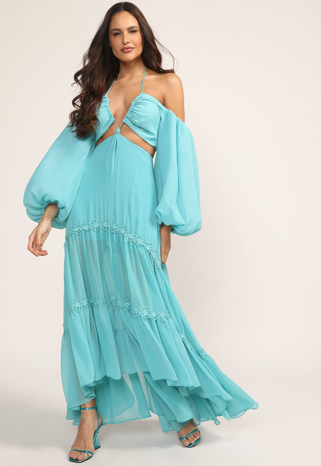 Vestido Maxi Azul Bebé Renda Decote V - Lança Perfume