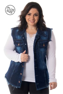 Colete Lavanda e Alecrim Jeans Desfiado Destroyed Plus Size Azul Menor preço em Colete Lavanda e Alecrim Jeans Desfiado Destroyed Plus Size Azul