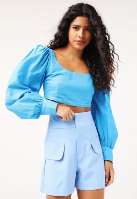 Blusa Cropped Lez A Lez Mangas Bufantes Azul - Compre Agora | Dafiti Brasil