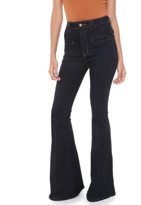 Calça Sarja Lez a Lez Flare Pespontos Azul-marinho Menor preço em Calça Sarja Lez a Lez Flare Pespontos Azul-marinho