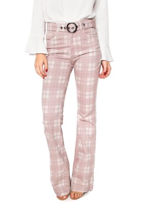 Calça Sarja Lez a Lez Flare Xadrez Rosa Menor preço em Calça Sarja Lez a Lez Flare Xadrez Rosa
