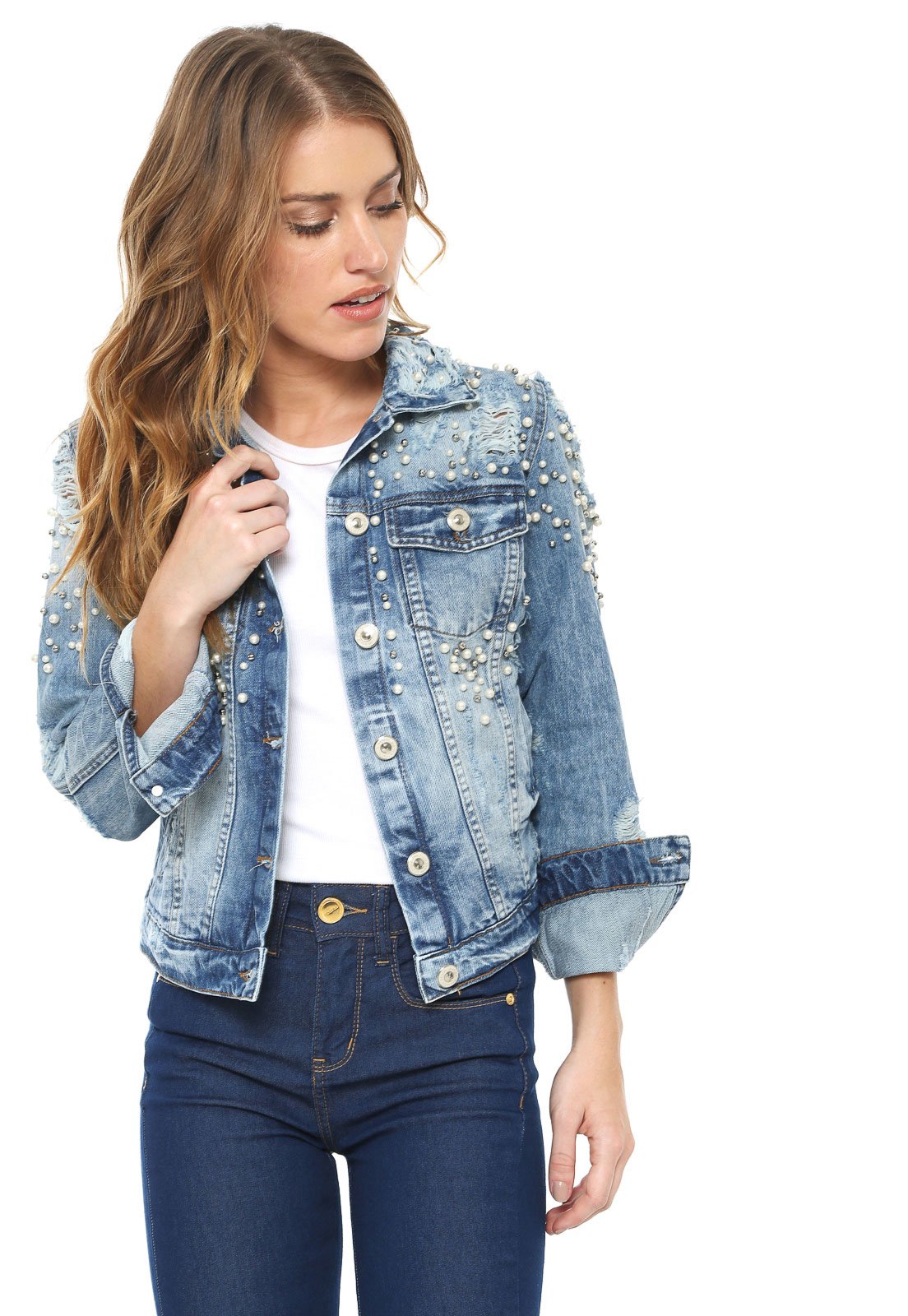 jaqueta jeans feminina com perola