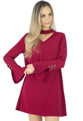 Vestido Liage Curto Liso Manga Comprida Detalhe Metal Prata Decote V Chocker Vinho Bordô Menor preço em Vestido Liage Curto Liso Manga Comprida Detalhe Metal Prata Decote V Chocker Vinho Bordô