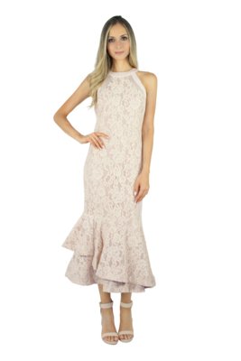 Vestido Liage Midi Renda Tule Liso Transparencia Calda Babado Decote Trapezio Nude / Bege Claro Menor preço em Vestido Liage Midi Renda Tule Liso Transparencia Calda Babado Decote Trapezio Nude / Bege Claro