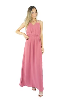 Vestido Longo Liage Liso Alça Transparência Chiffon Decote nas Costas Rosa Antigo / Pastel Menor preço em Vestido Longo Liage Liso Alça Transparência Chiffon Decote nas Costas Rosa Antigo / Pastel