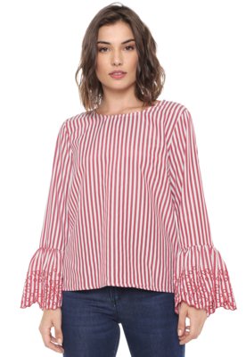 Blusa Lily Fashion Listrada Bordada Vermelha/Branca Menor preço em Blusa Lily Fashion Listrada Bordada Vermelha/Branca