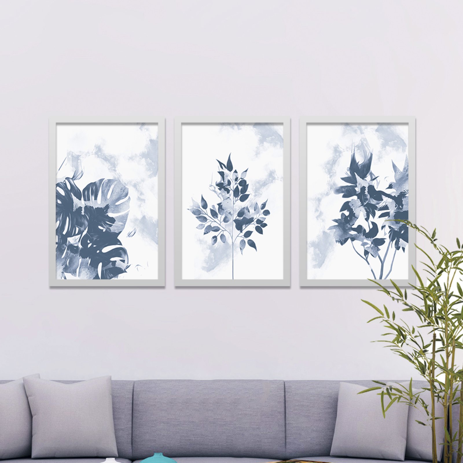 Kit 3 Quadros Los Quadros Decorativos Folhagens Efeito Azul Com Moldura ...