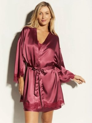 Conjunto Camisola e Robe Cetim Angelina Rosa Raspberry