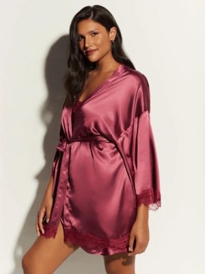 Conjunto Camisola e Robe Cetim Angelina Rosa Raspberry