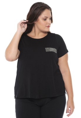 Blusa Lunender Mais Mulher Plus Detalhe Strass Preta Menor preço em Blusa Lunender Mais Mulher Plus Detalhe Strass Preta