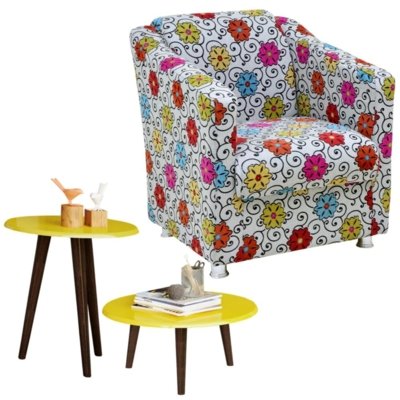 Menor preço em Poltrona Decorativa com Mesa de Centro e Lateral Lyam Decor Laura Linho Floral Branca