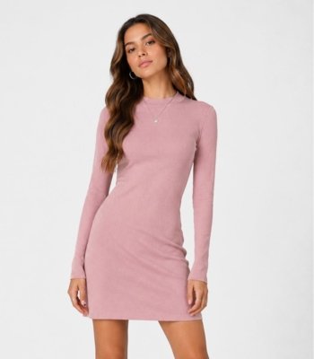 Vestido Juvenil Midi Manga Longa Em Ribana Minty Rosa