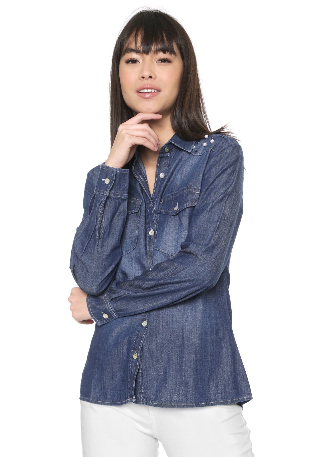 Camisa jeans discount com perola