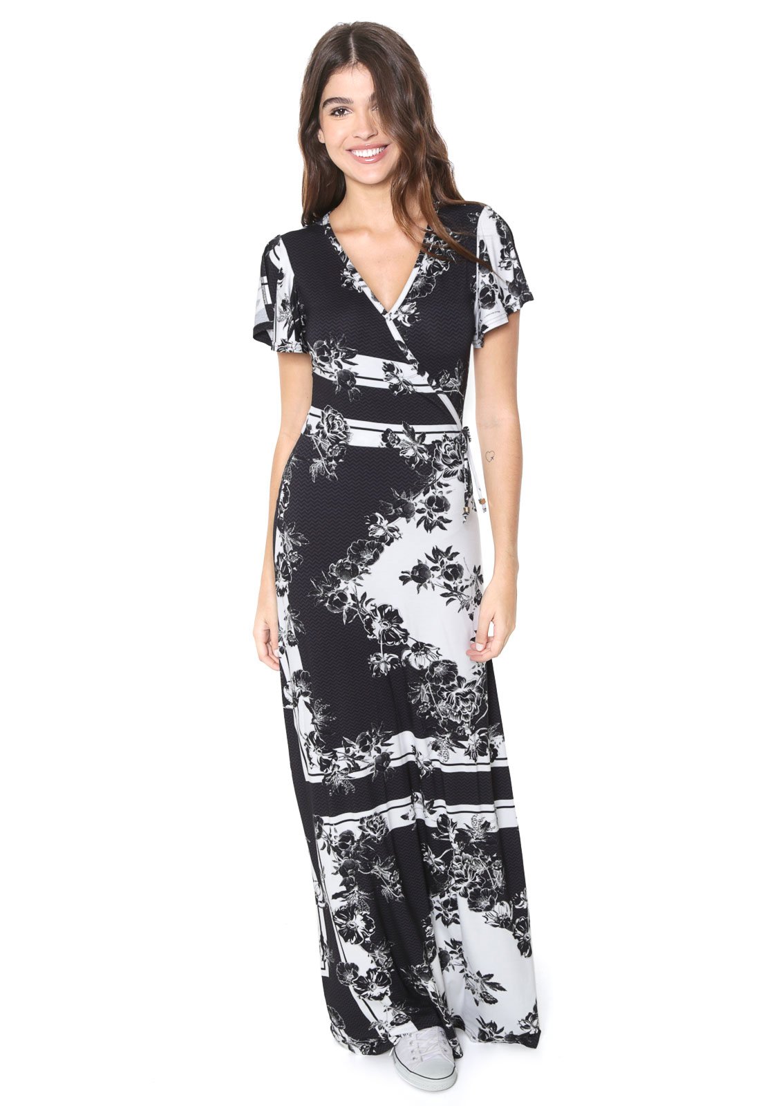 Vestido floral store preto e branco