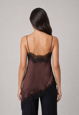 Regata Feminina Mango Alças Finas Renda Marrom