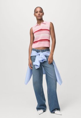 Regata Polo Feminina Mango Listrada Rosa
