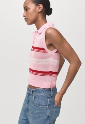 Regata Polo Feminina Mango Listrada Rosa