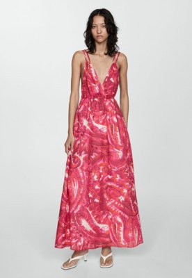 Vestido Mango Longo Estampado Rosa