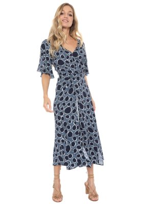 Vestido Maria Filó Midi Bolas Azul Menor preço em Vestido Maria Filó Midi Bolas Azul