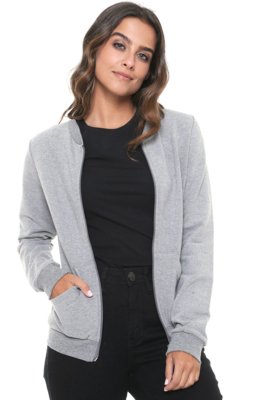 Jaqueta Bomber Marialícia Bolsos Cinza Menor preço em Jaqueta Bomber Marialícia Bolsos Cinza