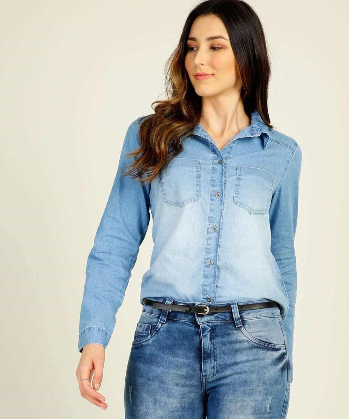 Blusa de manga 2024 comprida jeans feminina