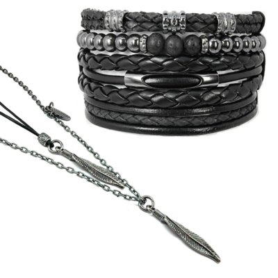 Kit 4 Pulseiras Couro Marshop Graúna e Colar Duplo Navajo Preto/Prataa Menor preço em Kit 4 Pulseiras Couro Marshop Graúna e Colar Duplo Navajo Preto/Prataa