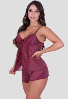 Kit Baby Doll + Camisola MdMix De Renda Pijama Rosa e Vinho