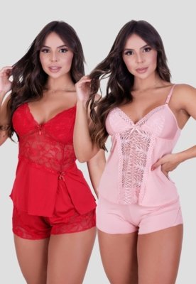 Kit Babydoll Básico + Babydoll Detalhes em Renda Rosa e Vermelho