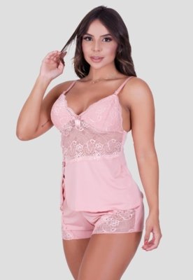 Kit Babydoll Rendado Rosa + Conjunto Cinta Liga Preto