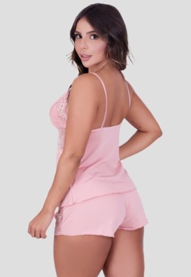 Kit Babydoll Rendado Rosa + Conjunto Cinta Liga Preto