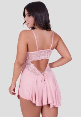 Kit Camisola Decote nas Costas Renda Rosa + Conjunto Cinta Liga Preto