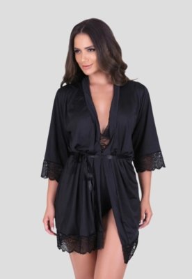 Robe Luxo Linha Noite Romantic Com Detalhe Em Renda - Preto