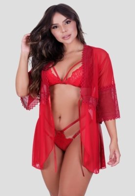 Robe MdMix Tule com Renda Lingerie Vermelho