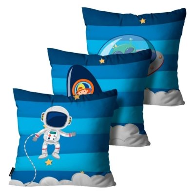 Kit com 3 Almofadas Infantis Astronauta Azul 45x45cm Menor preço em Kit com 3 Almofadas Infantis Astronauta Azul 45x45cm
