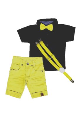 Conjunto Megan Bermuda com Suspensório e Camisa com Gravata Preto/Amarelo Menor preço em Conjunto Megan Bermuda com Suspensório e Camisa com Gravata Preto/Amarelo