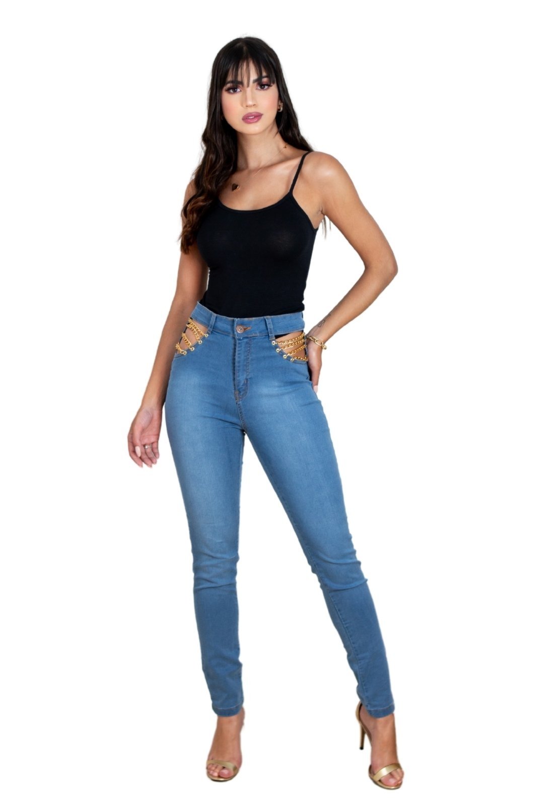 Calça jeans store com corrente feminina