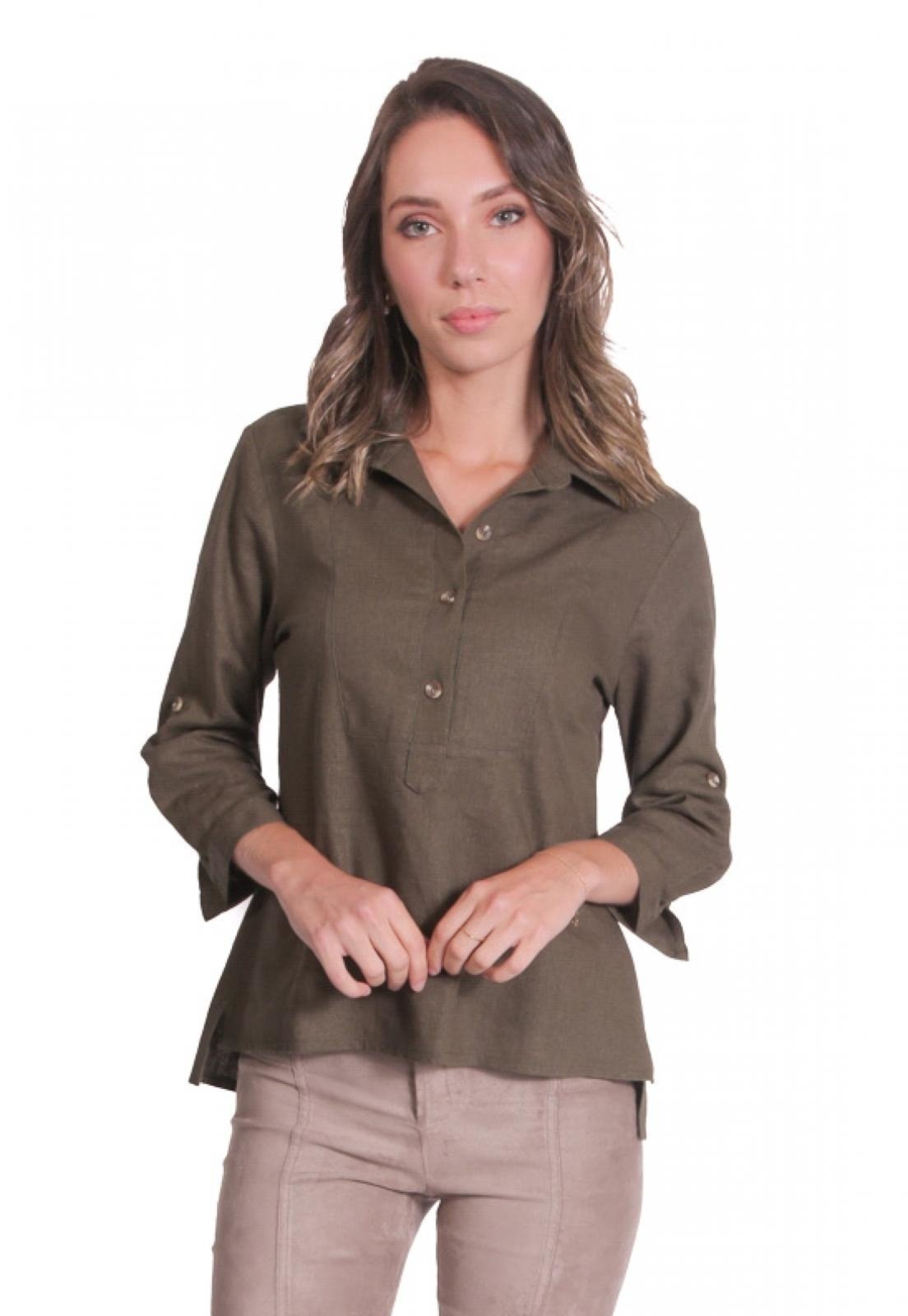 camisa linho verde feminina