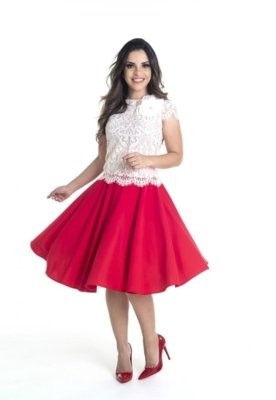 Saia Miss Lady Godê Crepe Vermelho Menor preço em Saia Miss Lady Godê Crepe Vermelho