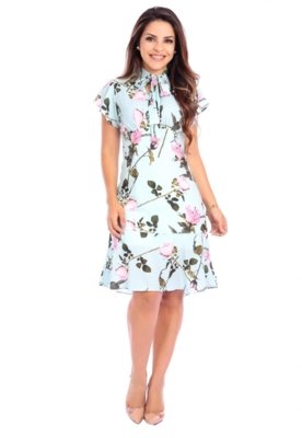 Vestido Miss Lady Crepe Floral Verde Água Menor preço em Vestido Miss Lady Crepe Floral Verde Água