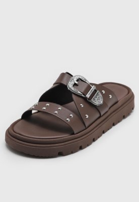 Rasteira Feminina Moleca Tachas Fivela Marrom