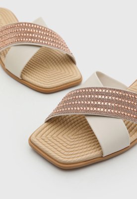 Rasteira Feminina Moleca Tiras Cruzadas Strass Off-White