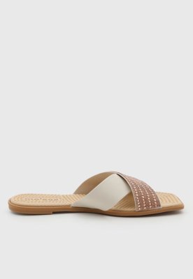Rasteira Feminina Moleca Tiras Cruzadas Strass Off-White