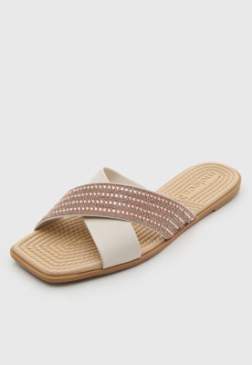 Rasteira Feminina Moleca Tiras Cruzadas Strass Off-White