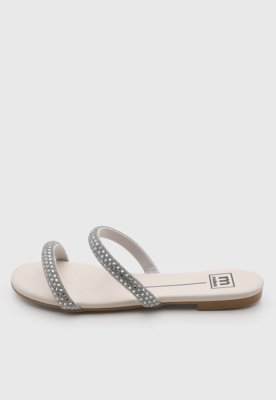 Rasteira Feminina Moleca Tiras Strass Off-White